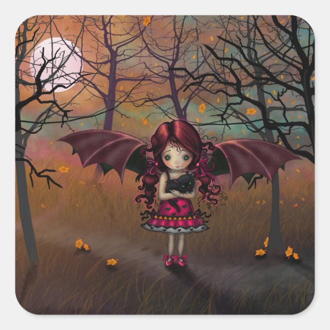 Spook Little Halloween Vampire and Cat Fantasy Art Square Sticker (Front)