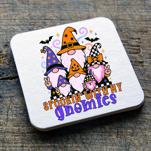Spookin’ With My Gnomies: Retro Halloween Friends Square Paper Coaster