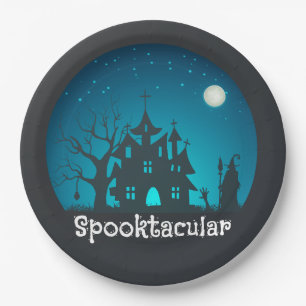 Spooktacular Blue and Black Haunted House Paper Plate