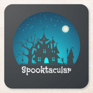 Spooktacular Blue and Black Haunted House Square Paper Coaster