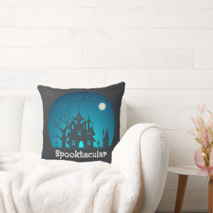 Spooktacular Blue and Black Haunted House Throw Pillow