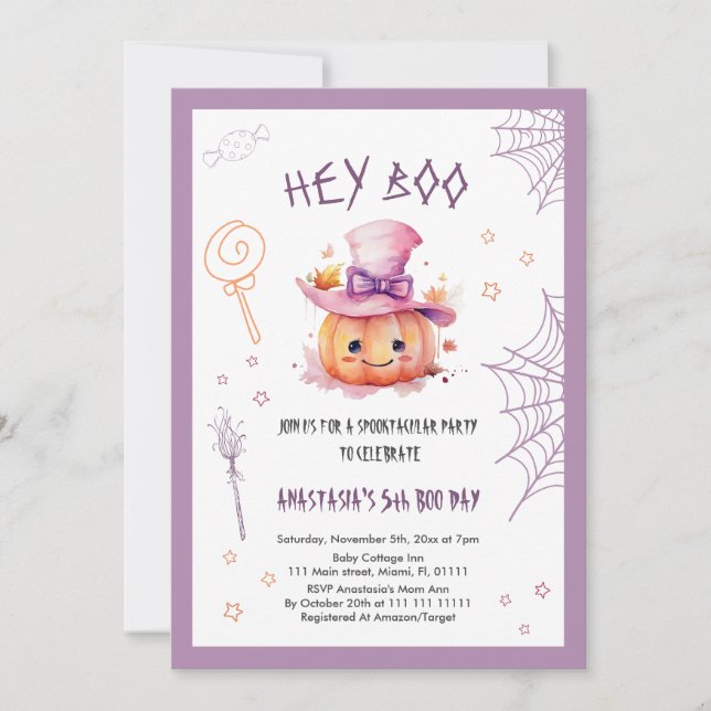 Spooktacular Cute Halloween Girl 5th Birthday Invitation (Front)
