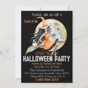 Spooktacular Full Moon and Witch Halloween Invitation