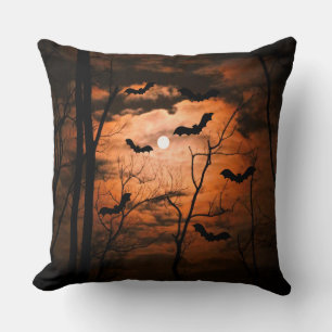 Spooktacular Full Moon, Forest and Bats Throw Pillow