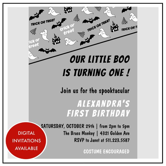 Spooktacular Ghost Grey Halloween 1st birthday Invitation (Halloween-1st-birthday-Invitation-Spooktacular-Ghost-grey-1)