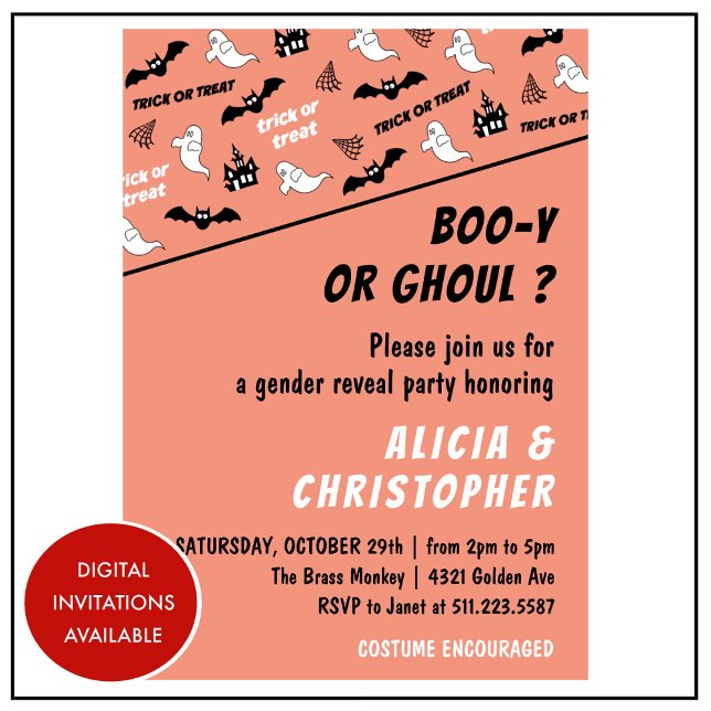 Spooktacular Ghost Orange Halloween gender reveal Invitation (Spooktacular-Ghost-Orange-Halloween-gender-reveal-Invitation-1)