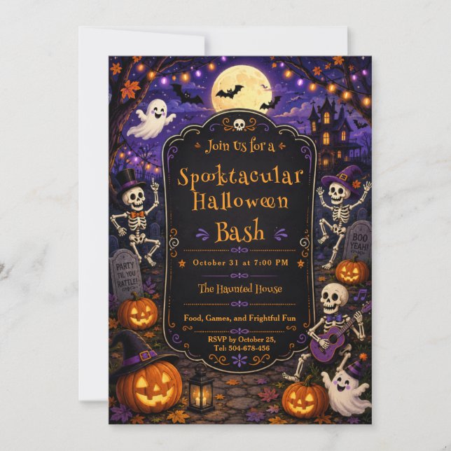 Spooktacular Halloween Bash Skeleton Pumpkin Party Invitation (Front)