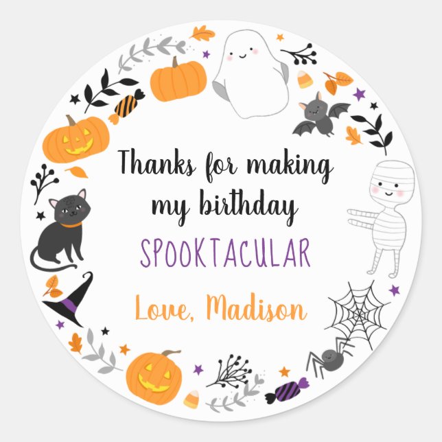 Spooktacular Halloween Birthday Thank You Classic Round Sticker (Front)