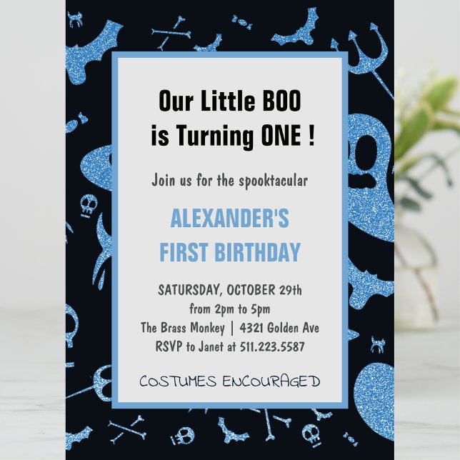 Spooktacular Little boo Halloween 1st birthday Invitation (Halloween-1st-birthday-Invitation-Spooktacular-Little-boo-boy-blue-1)