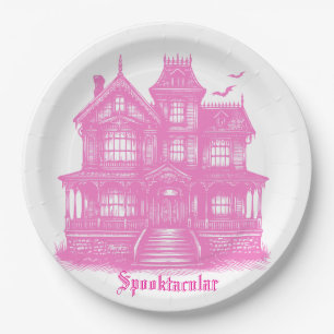 Spooktacular Pink Haunted House Halloween Paper Plate