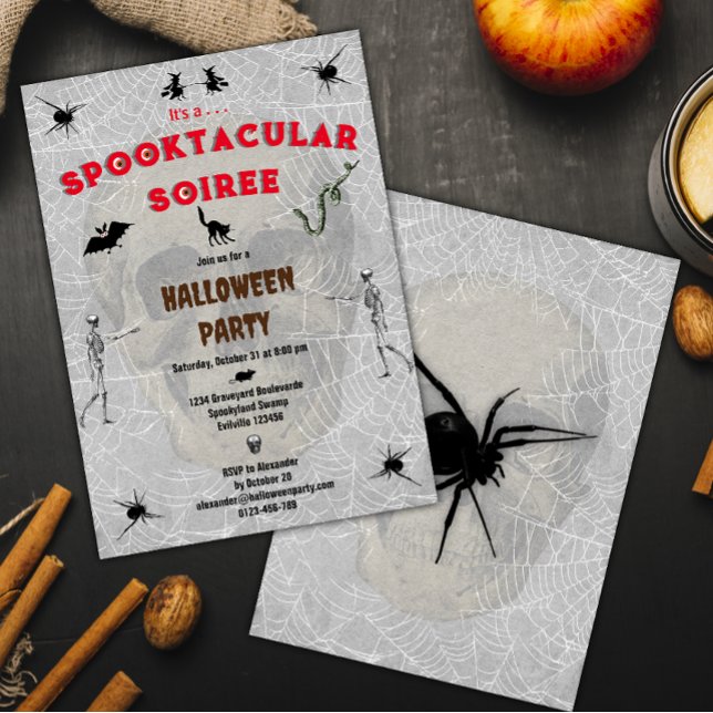 Spooktacular Soiree Creepy Skull Spiders Halloween Invitation (Creator Uploaded)