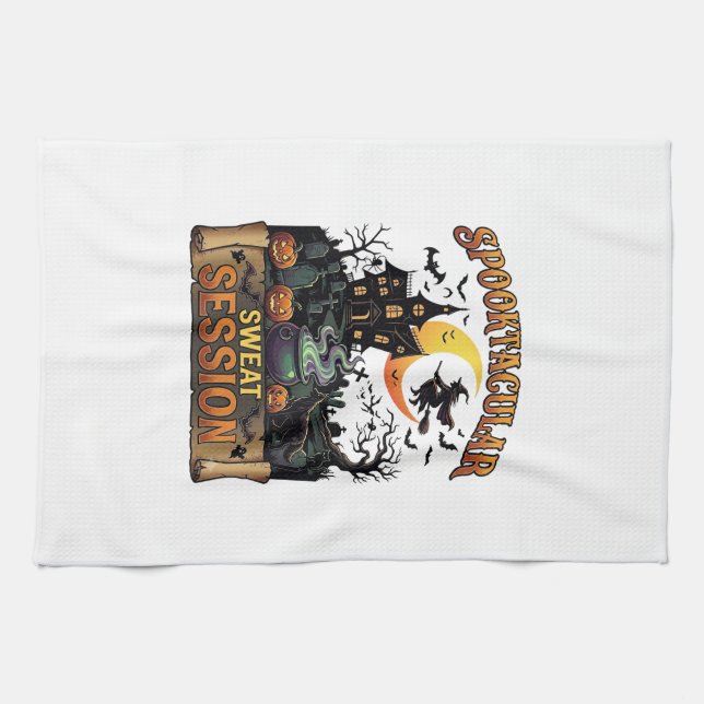 Spooktacular Sweat Session Haunted House Witch Cau Kitchen Towel (Horizontal)