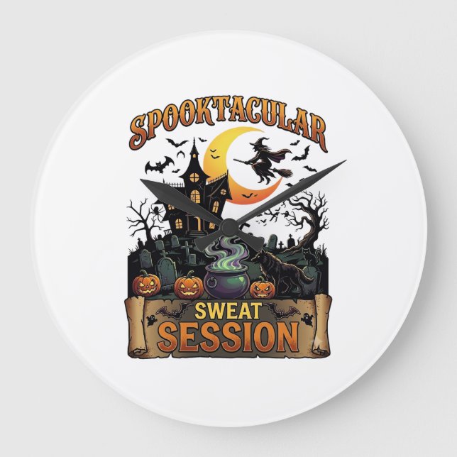 Spooktacular Sweat Session Haunted House Witch Cau Large Clock (Front)