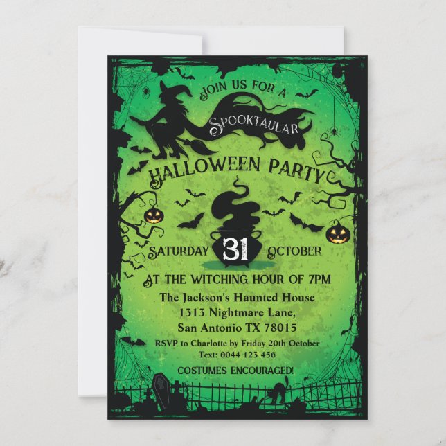 Spooktacular Witch and Bats Halloween Invitation (Front)