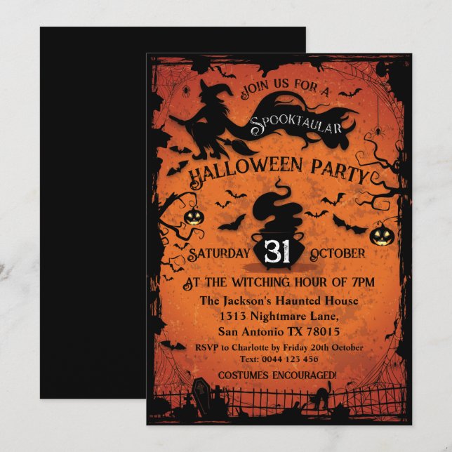 Spooktacular Witch and Bats Halloween Invitation (Front/Back)