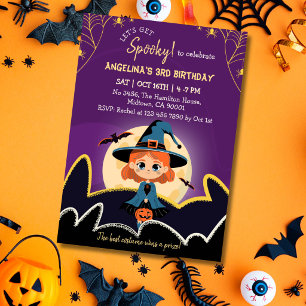 Spooktacular Witch Halloween 3rd Birthday gold Invitation