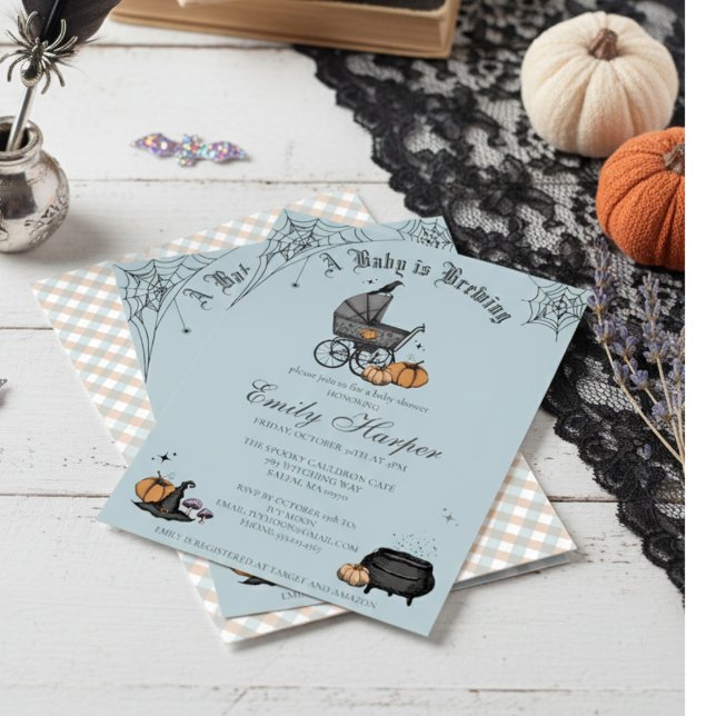 Spooky A Baby is Brewing Blue Fall Baby Shower Invitation (Cute Gothic Halloween Baby Shower Blue Invitation. Spooky Vintage Baby Carriage,Black Raven,Pumpkins)