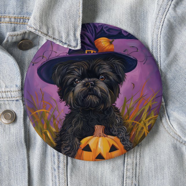 Spooky Affenpinscher Halloween Witch and Pumpkin 6 Inch Round Button (In Situ)