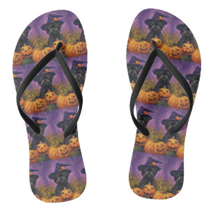 Spooky Affenpinscher Halloween Witch and Pumpkin Flip Flops