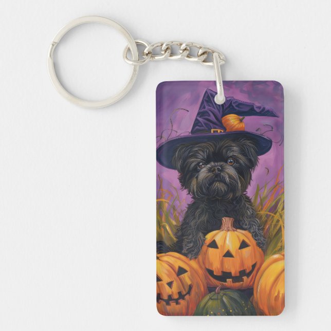 Spooky Affenpinscher Halloween Witch and Pumpkin Keychain (Front)