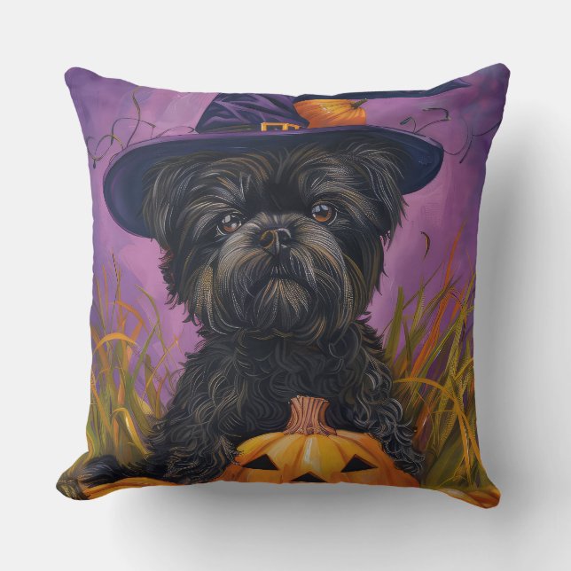 Spooky Affenpinscher Halloween Witch and Pumpkin Throw Pillow (Front)