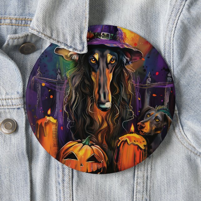 Spooky Afghan Hound Halloween Witch and Pumpkin 6 Inch Round Button (In Situ)