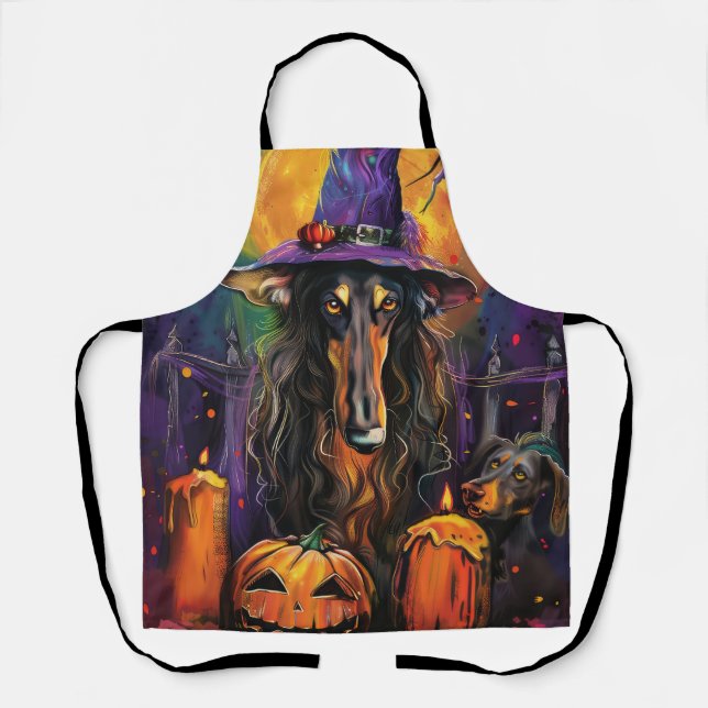 Spooky Afghan Hound Halloween Witch and Pumpkin Apron (Front)