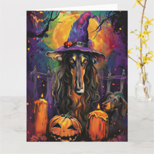 Spooky Afghan Hound Halloween Witch and Pumpkin Card