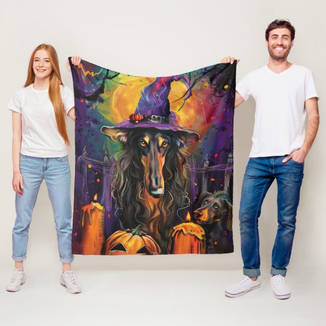 Spooky Afghan Hound Halloween Witch and Pumpkin Fleece Blanket (In Situ)
