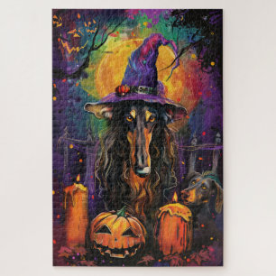 Spooky Afghan Hound Halloween Witch and Pumpkin Jigsaw Puzzle