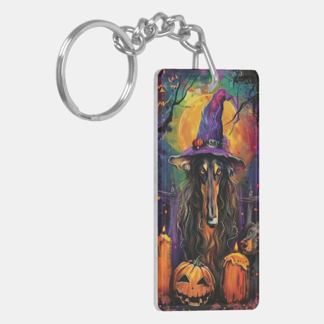 Spooky Afghan Hound Halloween Witch and Pumpkin Keychain (Front Left)