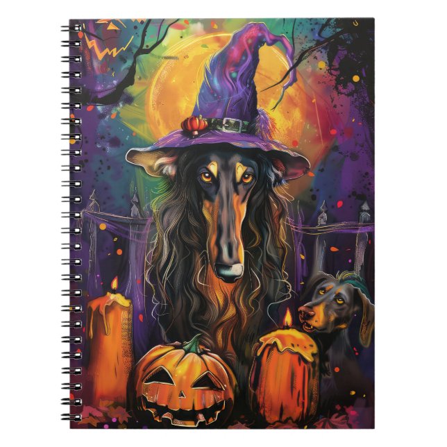 Spooky Afghan Hound Halloween Witch and Pumpkin Notebook (Front)