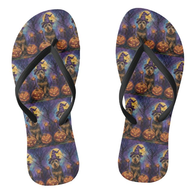 Spooky Airedale Halloween Witch and Pumpkin Flip Flops (Footbed)