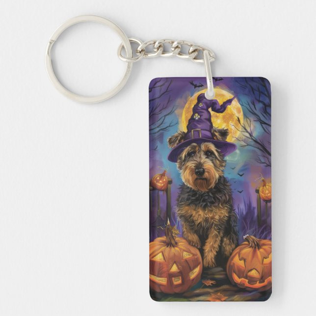 Spooky Airedale Halloween Witch and Pumpkin Keychain (Front)