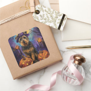 Spooky Airedale Halloween Witch and Pumpkin Square Sticker