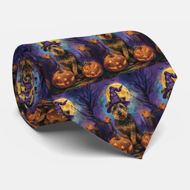 Spooky Airedale Halloween Witch and Pumpkin Tie (Rolled)