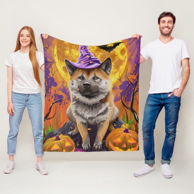  Spooky Akita Halloween Witch and Pumpkin  Fleece Blanket (In Situ)