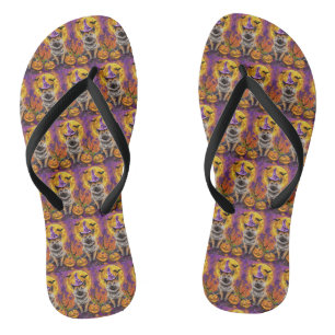 Spooky Akita Halloween Witch and Pumpkin Flip Flops