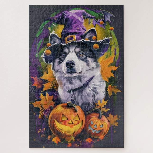 Spooky Akita Halloween Witch and Pumpkin  Jigsaw Puzzle (Vertical)