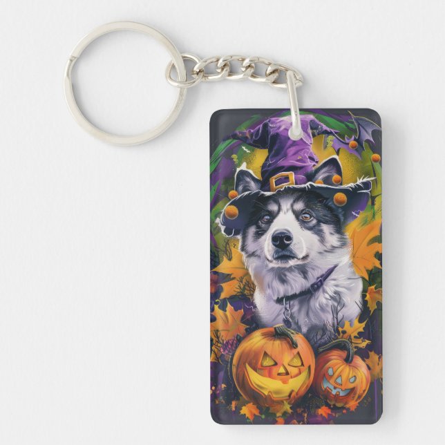 Spooky Akita Halloween Witch and Pumpkin  Keychain (Front)