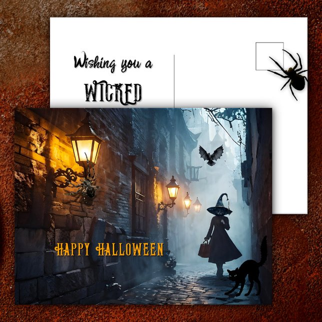 Spooky Alley Witch with Cat Wicked Halloween Holiday Postcard (Halloween postcard featuring a wicked cat witch walking through a spooky dark alley)