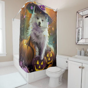 Spooky American Eskimo Halloween Witch and Pumpkin