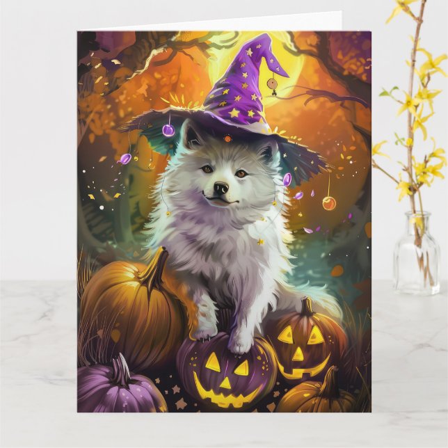 Spooky American Eskimo Halloween Witch and Pumpkin Card (Yellow Flower)