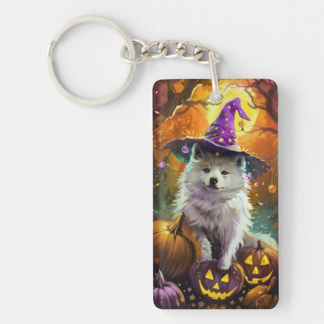 Spooky American Eskimo Halloween Witch and Pumpkin Keychain (Front)
