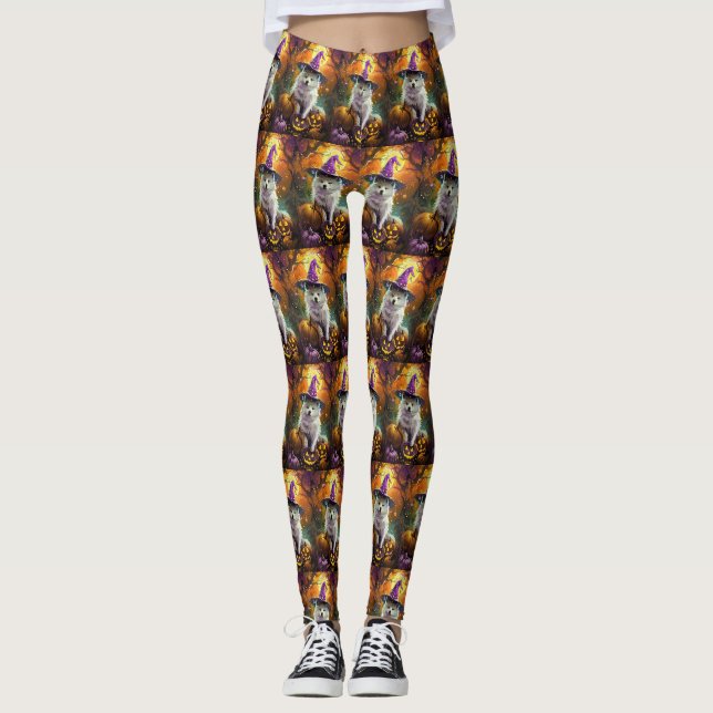 Spooky American Eskimo Halloween Witch and Pumpkin Leggings (Front)