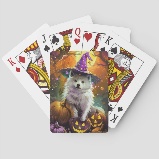 Spooky American Eskimo Halloween Witch and Pumpkin Playing Cards (Back)