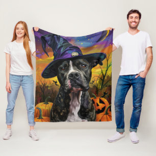 Spooky American Staffordshire Halloween Pumpkin Fleece Blanket