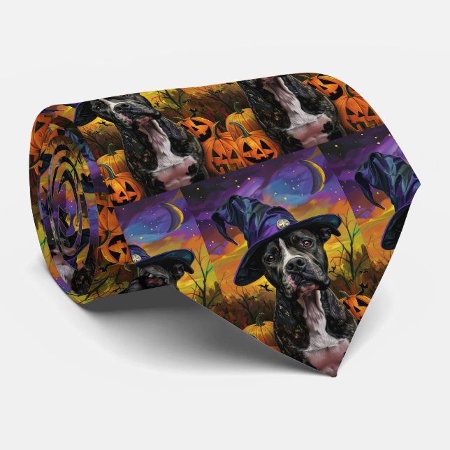 Spooky American Staffordshire Halloween Pumpkin Tie (Rolled)