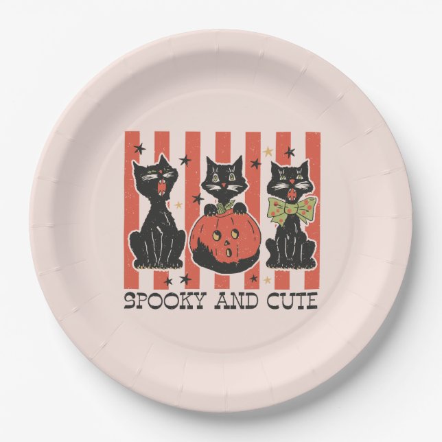 Spooky and Cute - Black Cat and Pumpkin Paper Plate (Front)