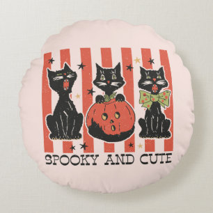 Spooky and Cute - Black Cat and Pumpkin Round Pillow